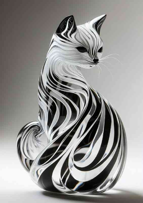 A glass cat sculpture with black and white swirls | Poster