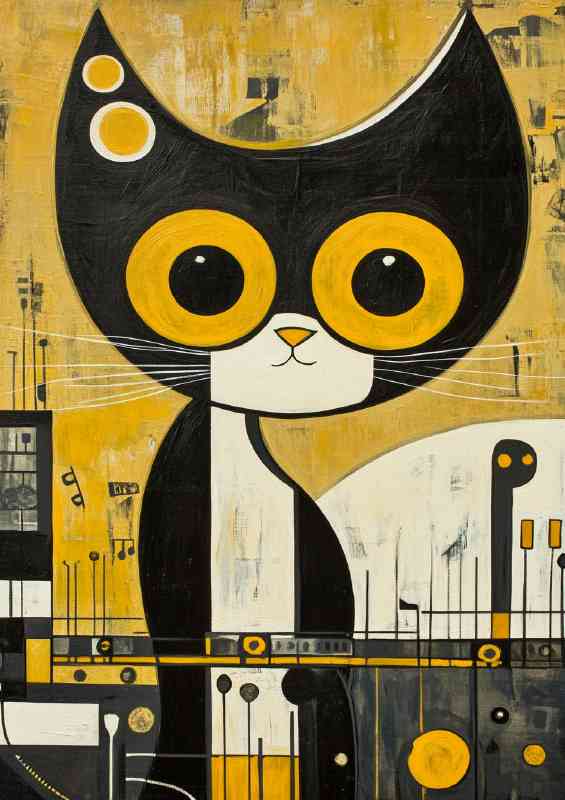 Abstract painting of a cat with big yellow eyes | Metal Poster