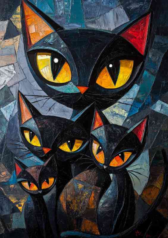 Black Cats Family big eyes in the style of Cubism | Di-Bond