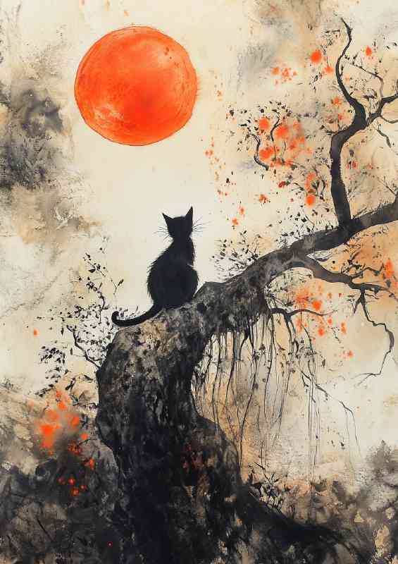 Cat sits on the edge of an old tree gazing at a red moon | Poster