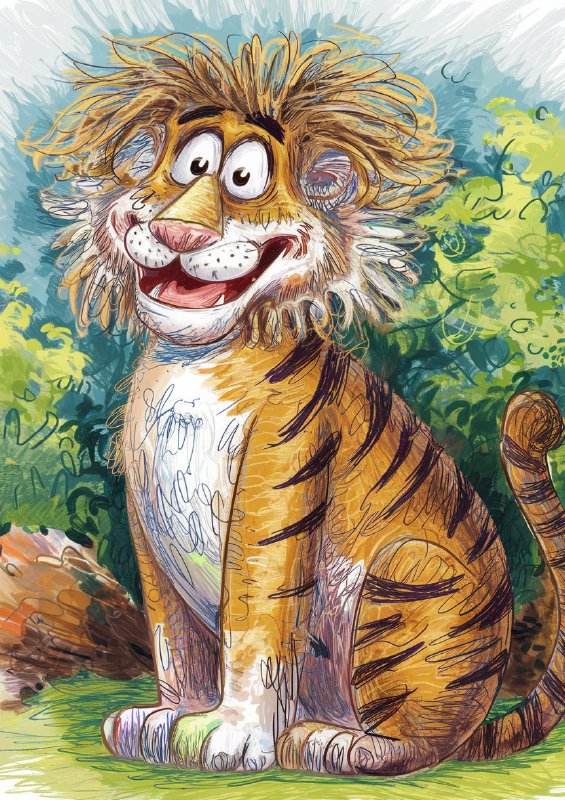 Colour graphite pencil drawing of a full body happy sitting lion | Canvas