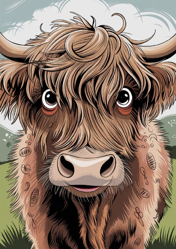 Colour graphite pencil drawing of a happy shaggy cow | Di-Bond