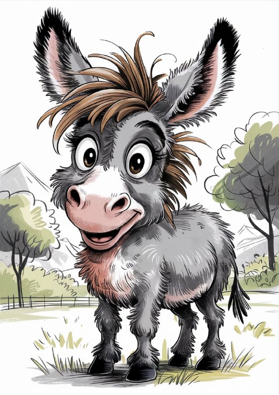 Colour graphite pencil drawing of a happy shaggy donkey | Canvas