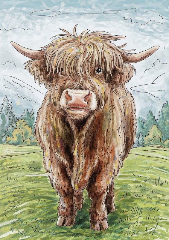 Colour graphite pencil drawing of a happy shaggy standing cow | Di-Bond