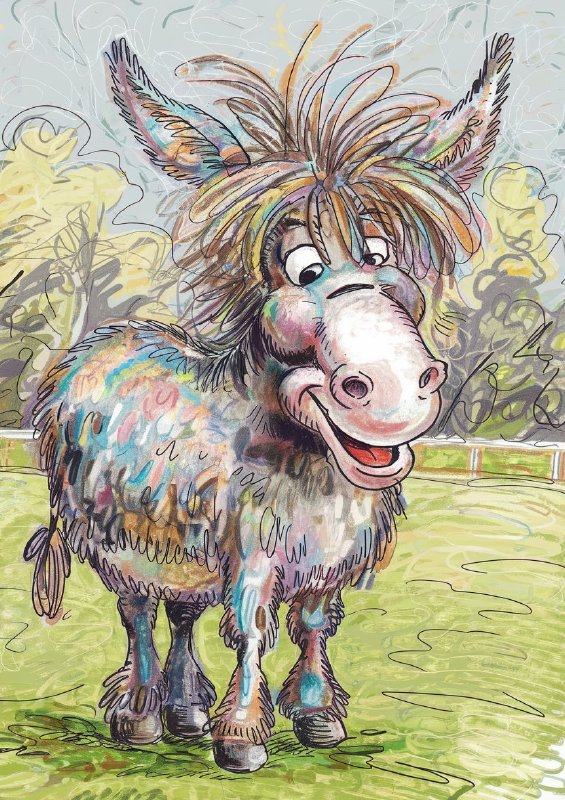 Colour graphite pencil drawing of a happy shaggy standing donkey | Di-Bond