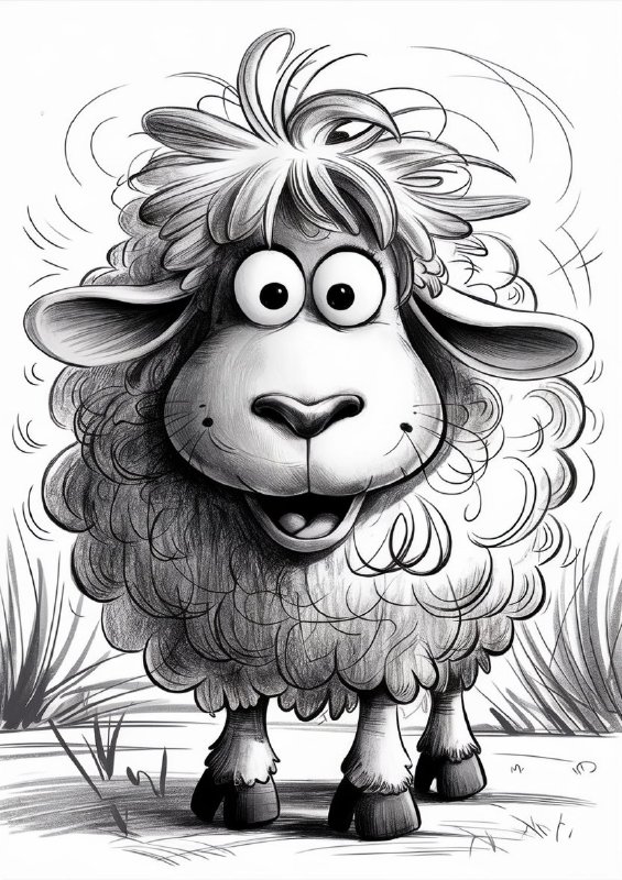 Colour graphite pencil drawing of a happy shaggy standing sheep | Di-Bond