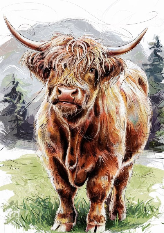Colour graphite pencil drawing of a highland cow | Di-Bond