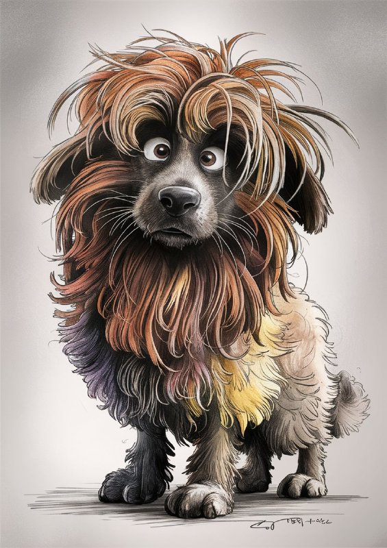 Colour graphite pencil drawing of a shaggy shepheard dog | Metal Poster