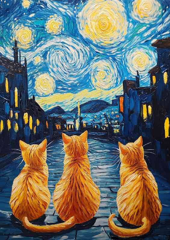 Cute cats in the style of van gogh starry night | Canvas