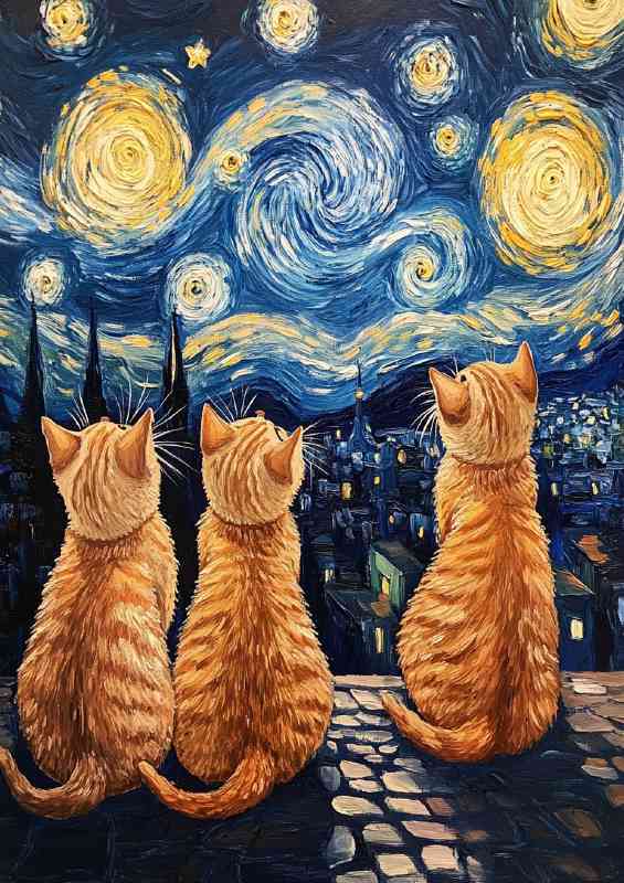 Cute cats in the style of van gogh starry nights | Di-Bond
