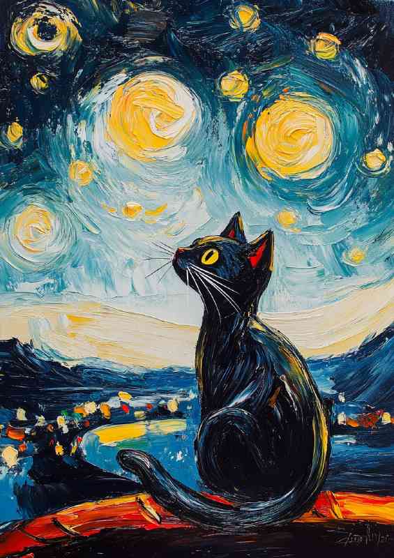 Starry Night with Black Cat in the style of Vincent van gough | Poster