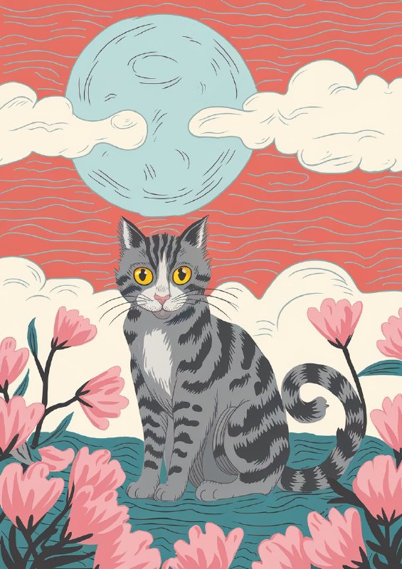 Striped cat with vibrant yellow eyes sitting | Canvas