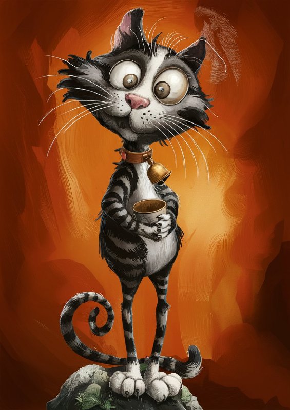 Whimsical tall cat drinking coffee | Di-Bond