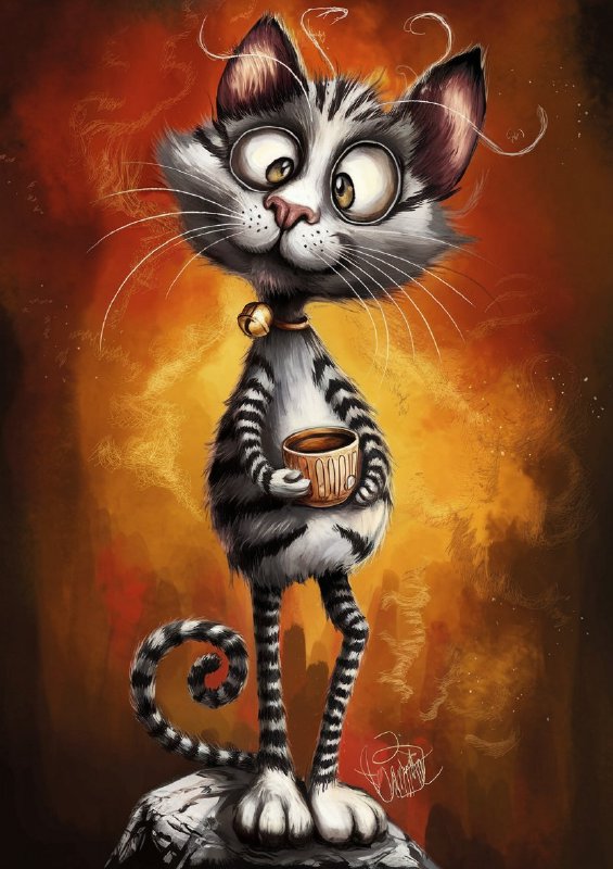 Whimsical tall cat is standing on a rock | Poster