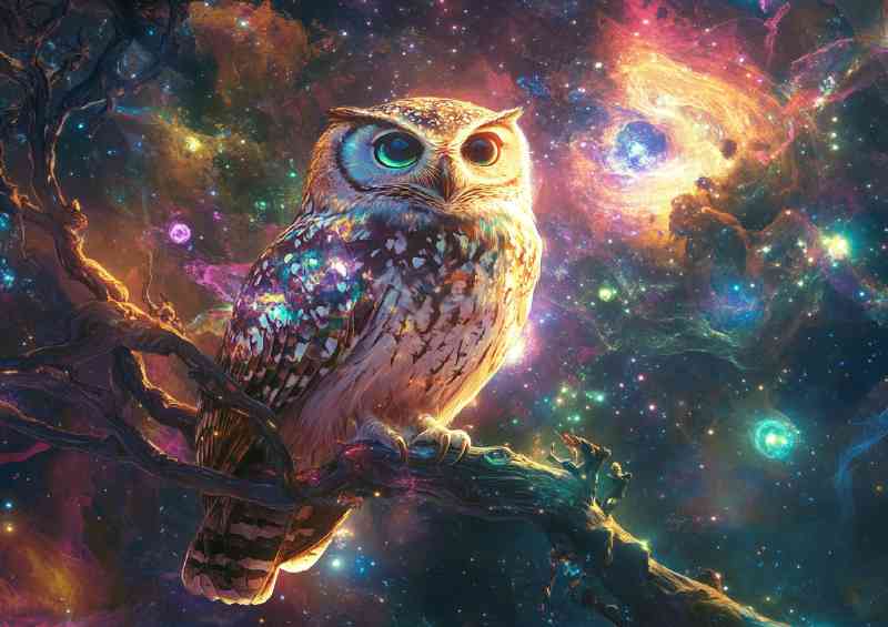 A wise owl perched on an intricate branch surrounded by the nebula | Metal Poster