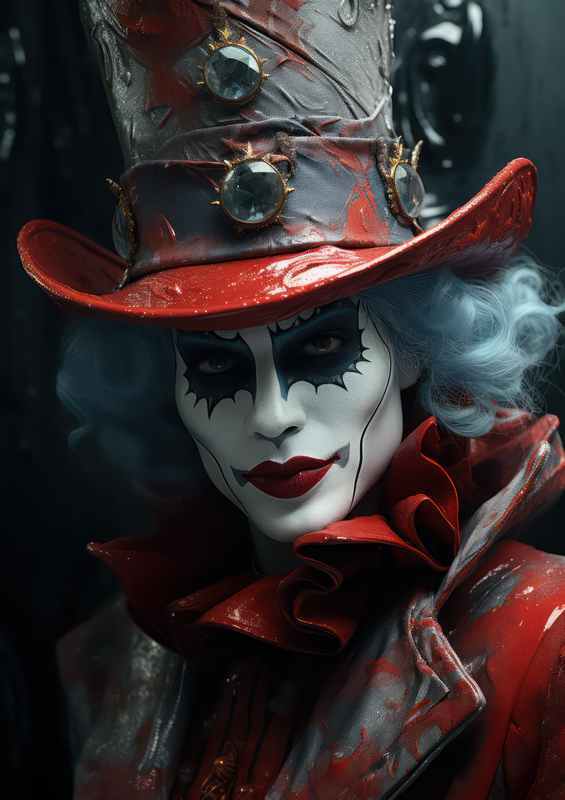 A clown in red makeup and a top hat looking | Poster