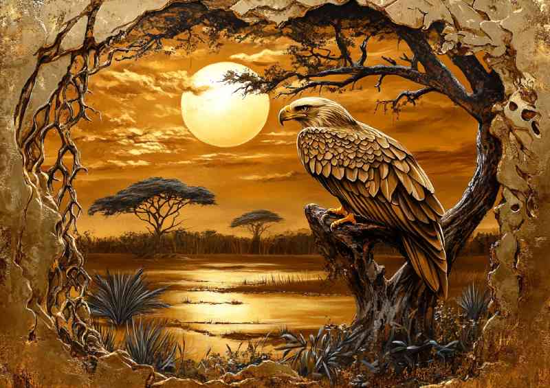 African gold design with an eagle and African savanna | Canvas