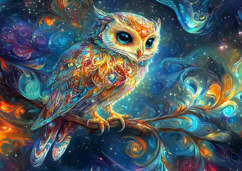 An owl perched on an intricate branch surrounded by swirly skies | Di-Bond