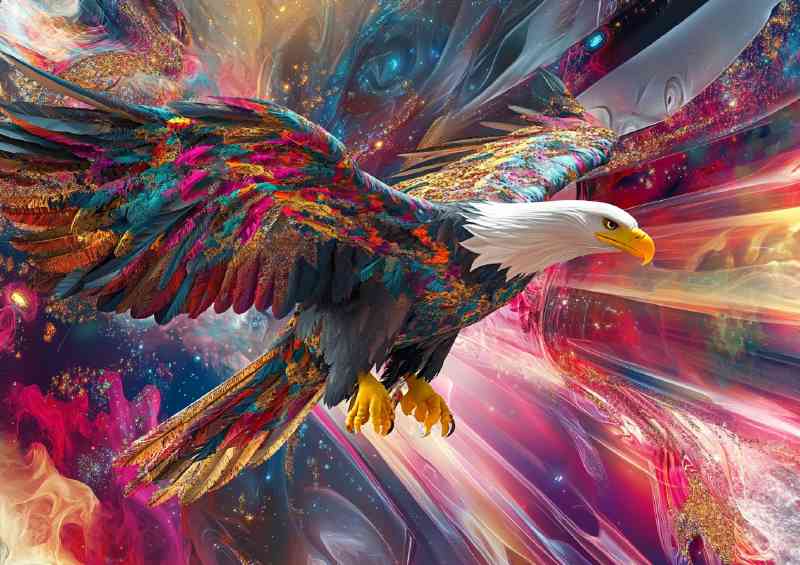 Bald eagle flying with colorful fractal feather | Metal Poster