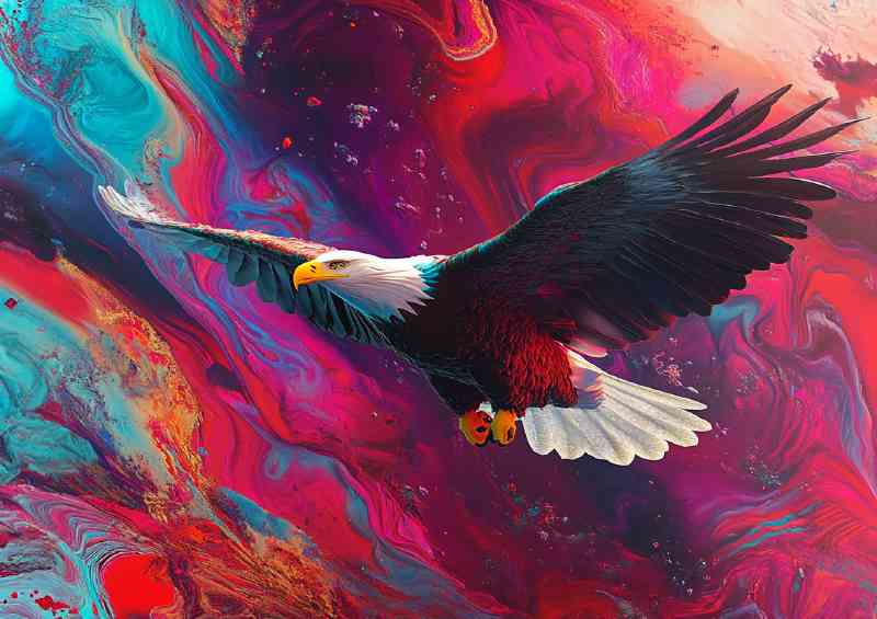 Bald eagle flying with colorful fractal feather liquid | Poster
