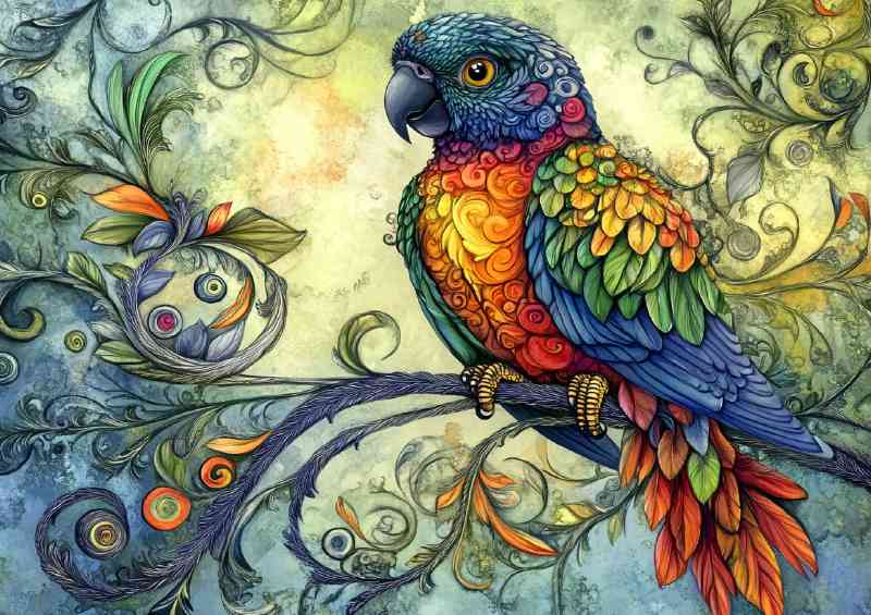 Colorful parrot sitting on a swirly tree branch | Metal Poster