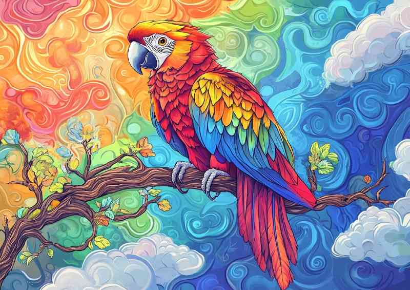 Colorful parrot sitting on a tree branch with a psychadelic patterns | Di-Bond