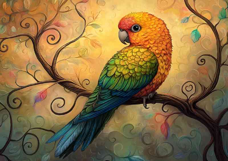 Colorful parrot sitting on a tree branch with swirls | Canvas