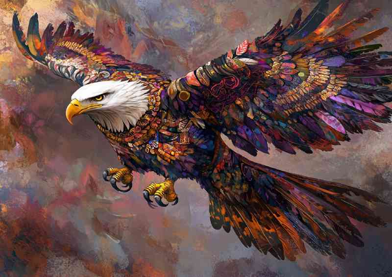 Eagle in flight feathers adorned with strong colours | Metal Poster