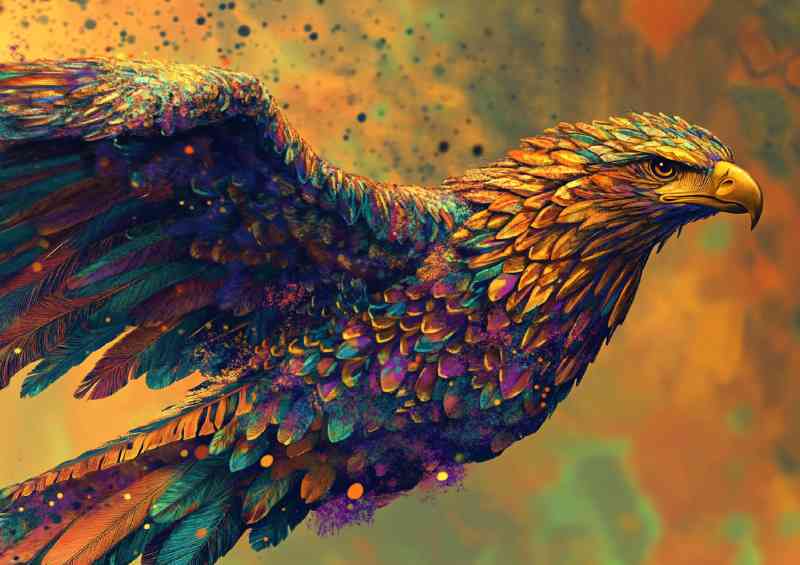 Eagle in flight feathers adorned with vibrant colors | Metal Poster