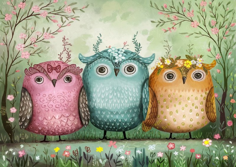 Forest setting with three whimsical owls | Metal Poster