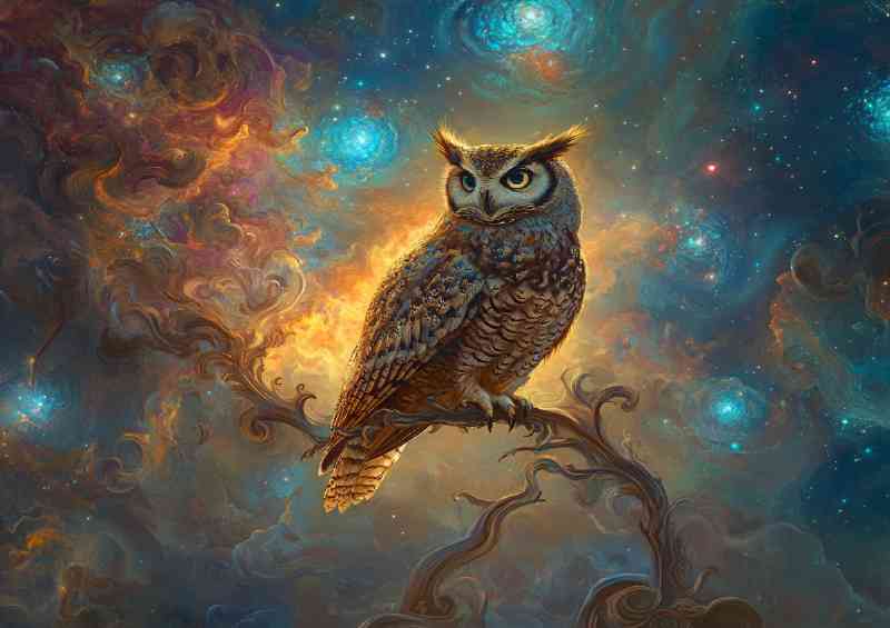 Owl perched on an elegant branch surrounded by nebula sky | Poster