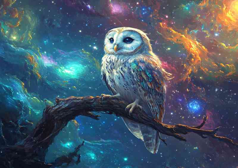 Owl perched on an elegant branch surrounded by swirls at night | Metal Poster