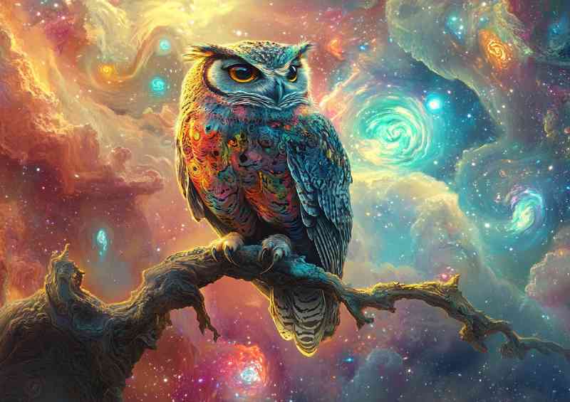 Owl perched on an intricate branch surrounded by clouds | Canvas