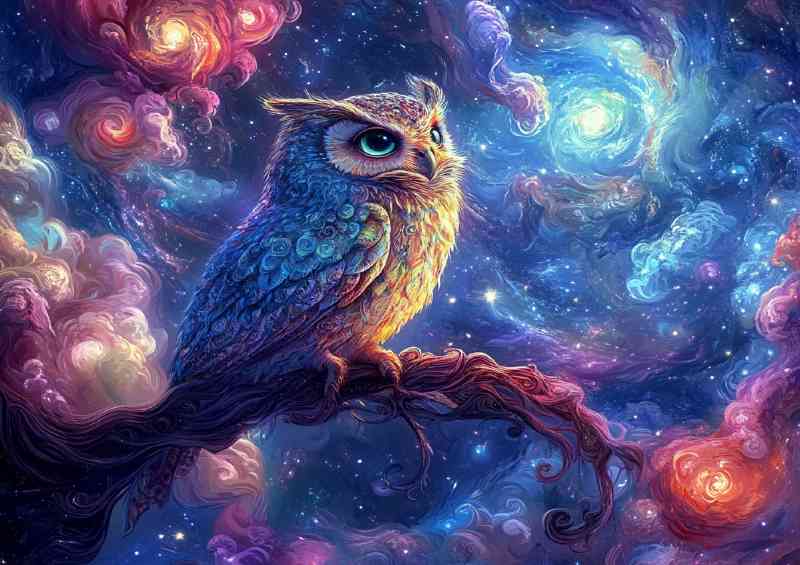 Owl perched on an intricate branch surrounded by colourful clouds | Poster
