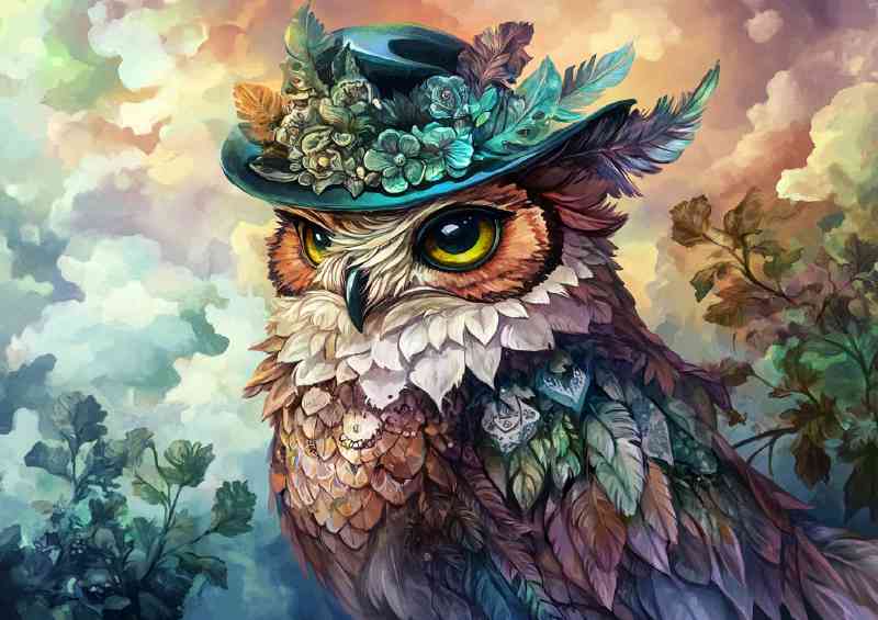 Owl wearing an elegant hat with vibrant | Poster