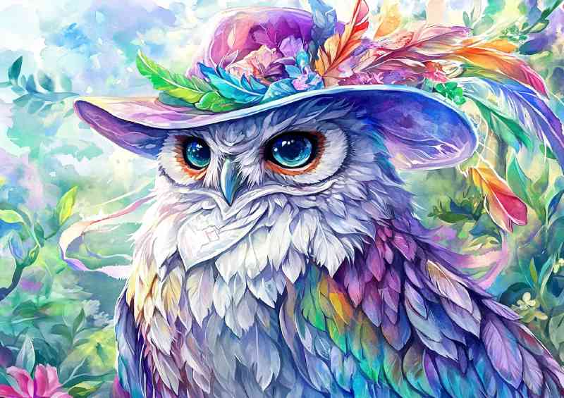 Owl wearing an elegant hat with vibrant ccolours | Poster