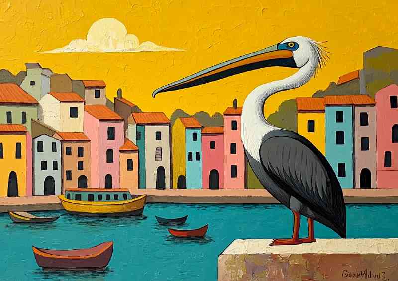 Pelican perched on the edge of an old port with colour | Di-Bond