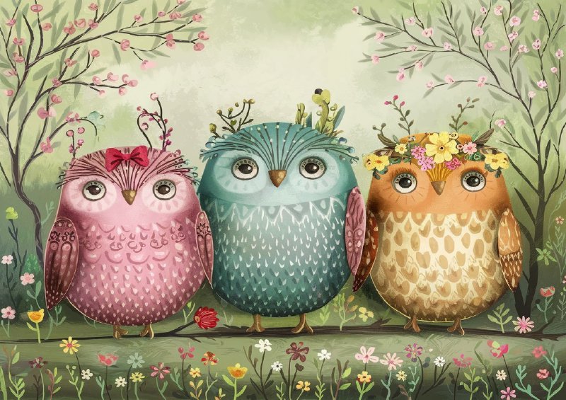 Three whimsical owls on a landscape | Poster