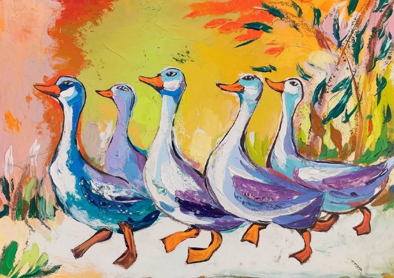 Vibrant and colorful painting of five geese | Metal Poster