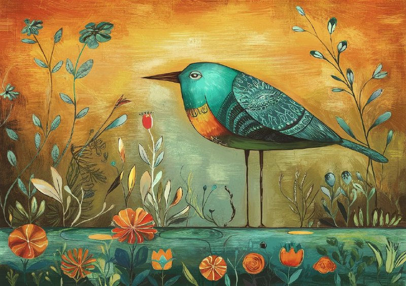 Vibrant and whimsical illustration of a large bird | Metal Poster