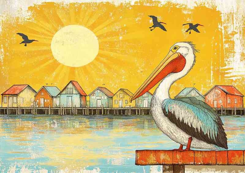 Vintage painting of an American pelican sitting on the bay | Metal Poster