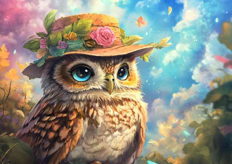 Whimsical owl wearing an elegant hat with vibrant | Metal Poster