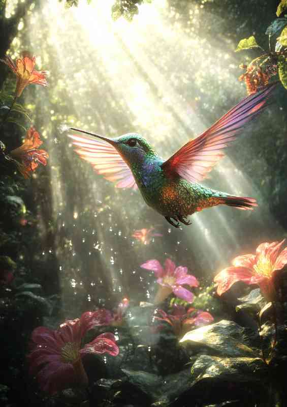 A colorful hummingbird hovering near vibrant flowers | Di-Bond