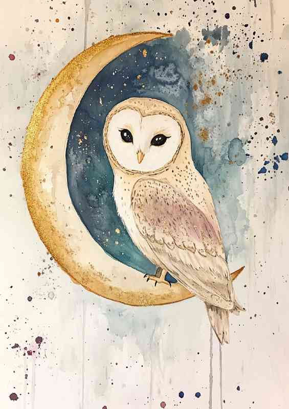 A cute owl sitting on a crescent moon a watercolor | Metal Poster