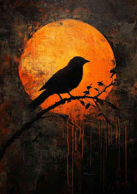A painting of a bird perched on a branch silhouetted | Di-Bond