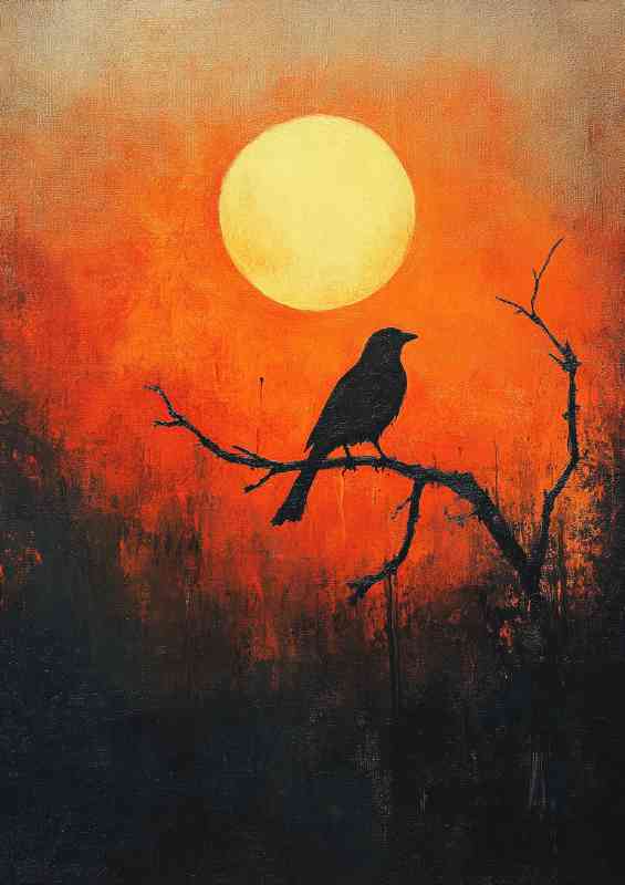 A painting of a bird perched on a branch silhouetted the morning sun | Canvas