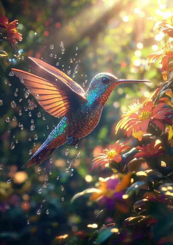 Colorful hummingbird hovering near vibrant flowers | Metal Poster