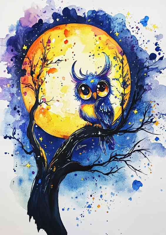 Cute owl sitting in a tree on the moon | Metal Poster
