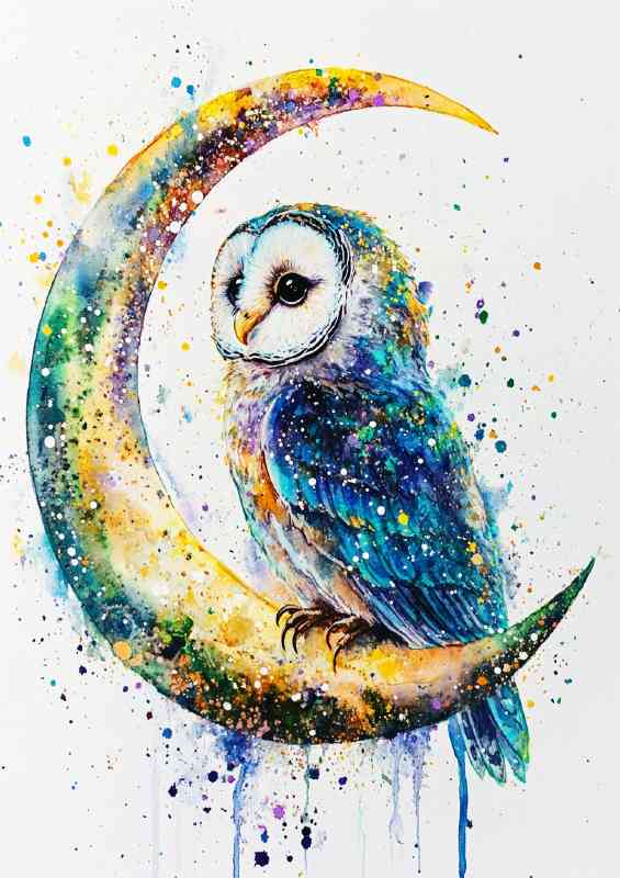 Cute owl sitting on a crescent moon a watercolor pallette | Di-Bond