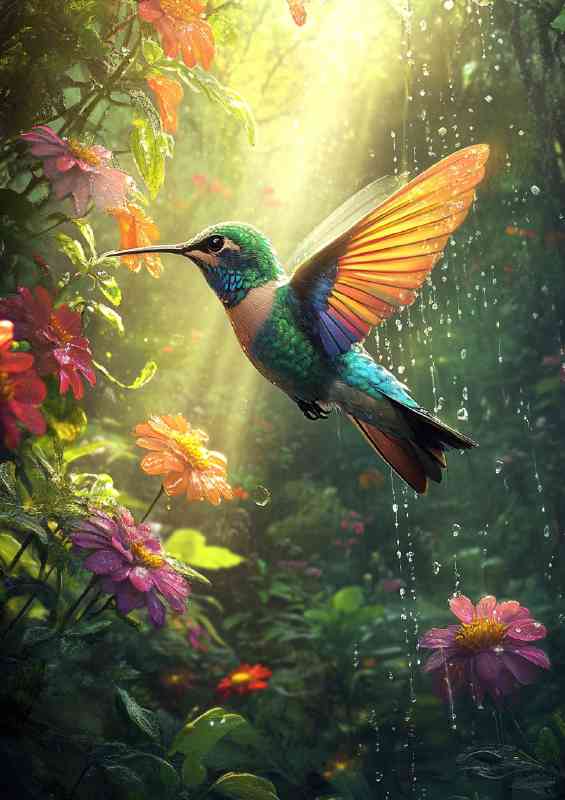 Hummingbird hovering near vibrant flowers | Di-Bond